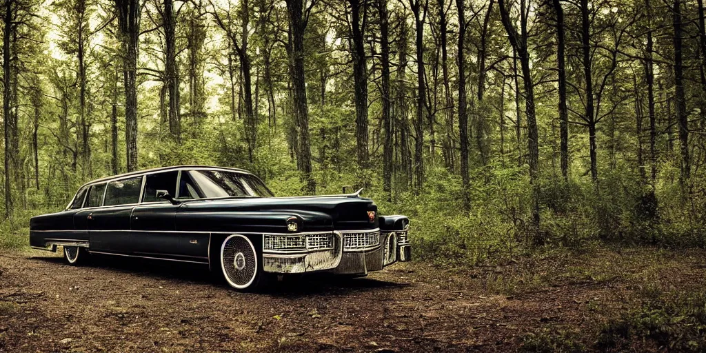 Image similar to a beautiful widescreen photo of a old cadillac in a dark forest, with a old laughing happy old man with long hair, long beard, in a dark forest low light, by dimitri mellos