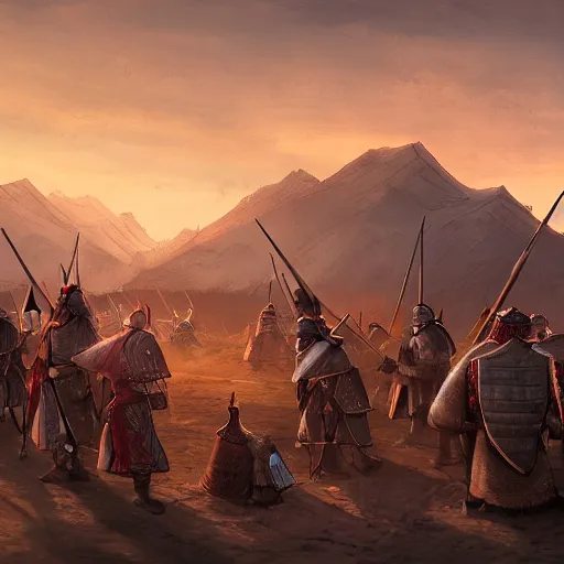 Image similar to Medieval Mongolian army camp at dawn before battle As featured on Artstation By Randy Vargas