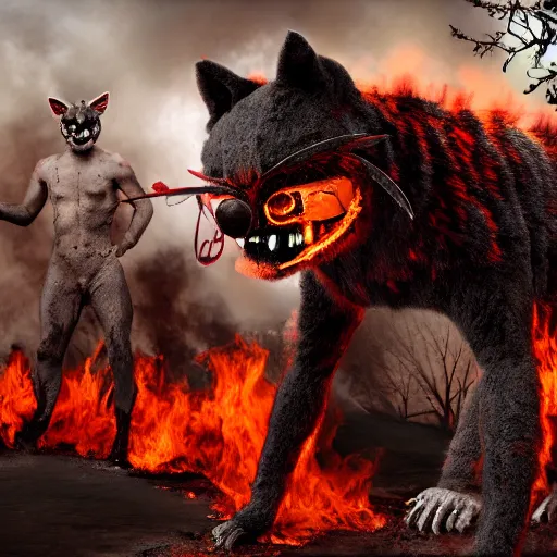 Image similar to the burning pits of hell and the tortured souls are dressed as furries, 4 k, hyper realistic, dslr, high resolution, landscape, beautiful