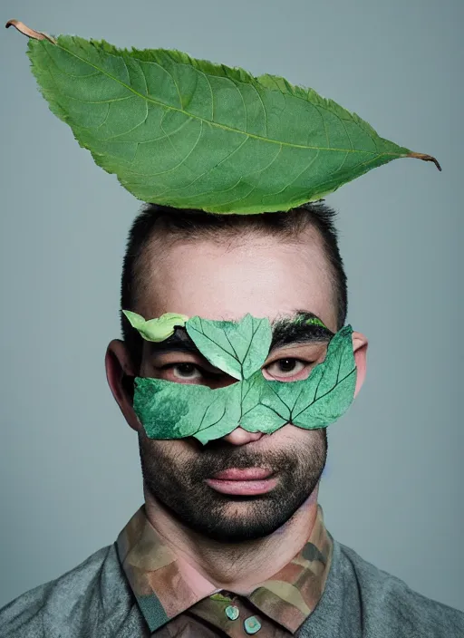 Image similar to a fashion portrait photograph of a man with a leaf on his face designed by stanley kubric, pastel colors, 3 5 mm, color film camera, studio lighting, pentax