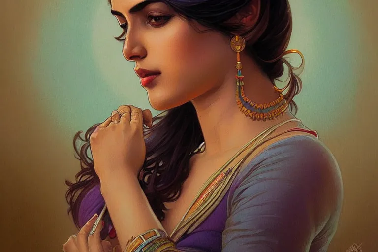 Image similar to sensual pale beautiful indian doctor in jeans, art deco portrait, elegant, intricate, digital painting, artstation, concept art, smooth, sharp focus, illustration, art by artgerm and greg rutkowski and alphonse mucha