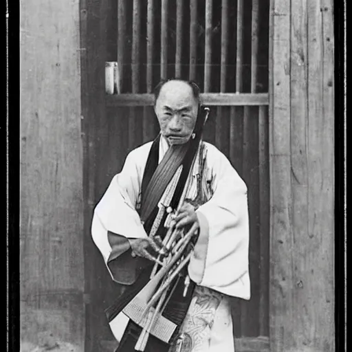 Prompt: Portrait of a 19th century Japanese man playing the shakuhachi in the streets of Kyoto, 1900s photography