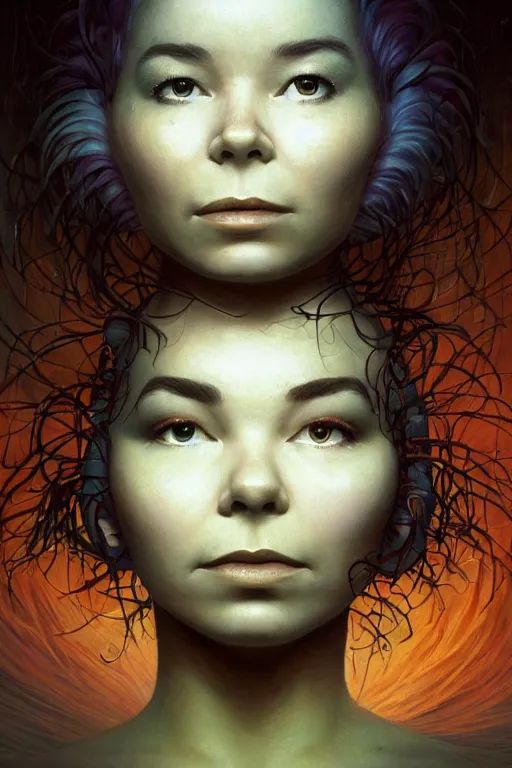 Prompt: 2 0 year old bjork portrait by hubert robert and lee madgwick and roger dean and jacek yerka, dan mumford and alex grey style, soft lighting, 4 k hd wallpaper illustration concept joy atmospheric lighting