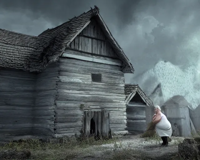 Image similar to of a very beautiful scene. ambient occlusion render. a sweet fat old woman is giving birth to her broken house. hyper realistic. 4 k. wide angle. wild. symmetrical face, red mouth, blue eyes. deep focus, lovely scene. ambient occlusion render. concept art. unreal engine.