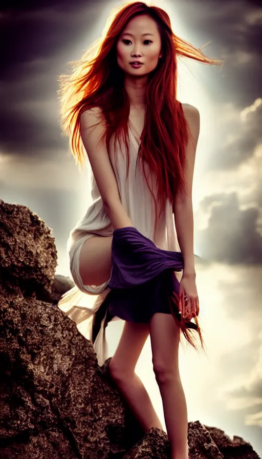 Image similar to photo of a gorgeous young asian redhead girl Jamie Chung , full body, high fashion model, searching for eternity, skulls around, cloud goddess, duality, far away dreamy atmosphere, rays of light, deep shadows, demons in the style of stefan kostic, hyper realistic, sharp focus, 8k high definition, high fashion, vogue, insanely detailed, intricate, elegant, art by stanley lau and artgerm, brom