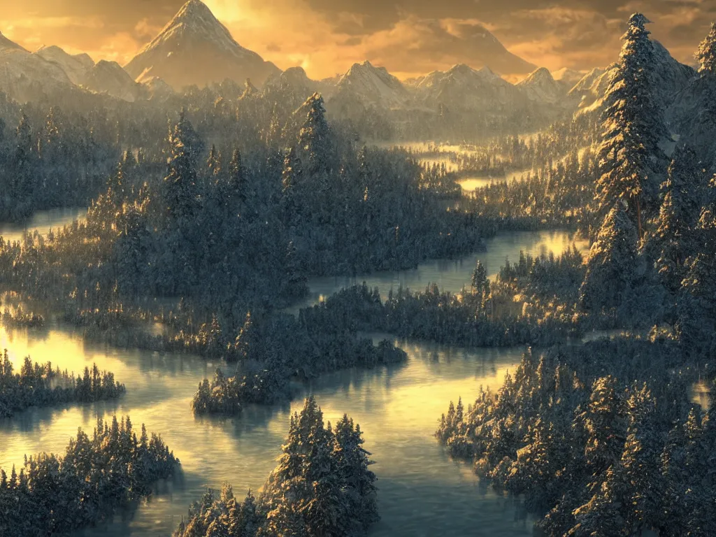 Image similar to epic crystalline taiga with a river, golden hour, distant mountains, atmospheric perspective, cinematic, 3 5 mm lens, photographic, octane render, cinematography by roger deakins, in the style of ansel adams