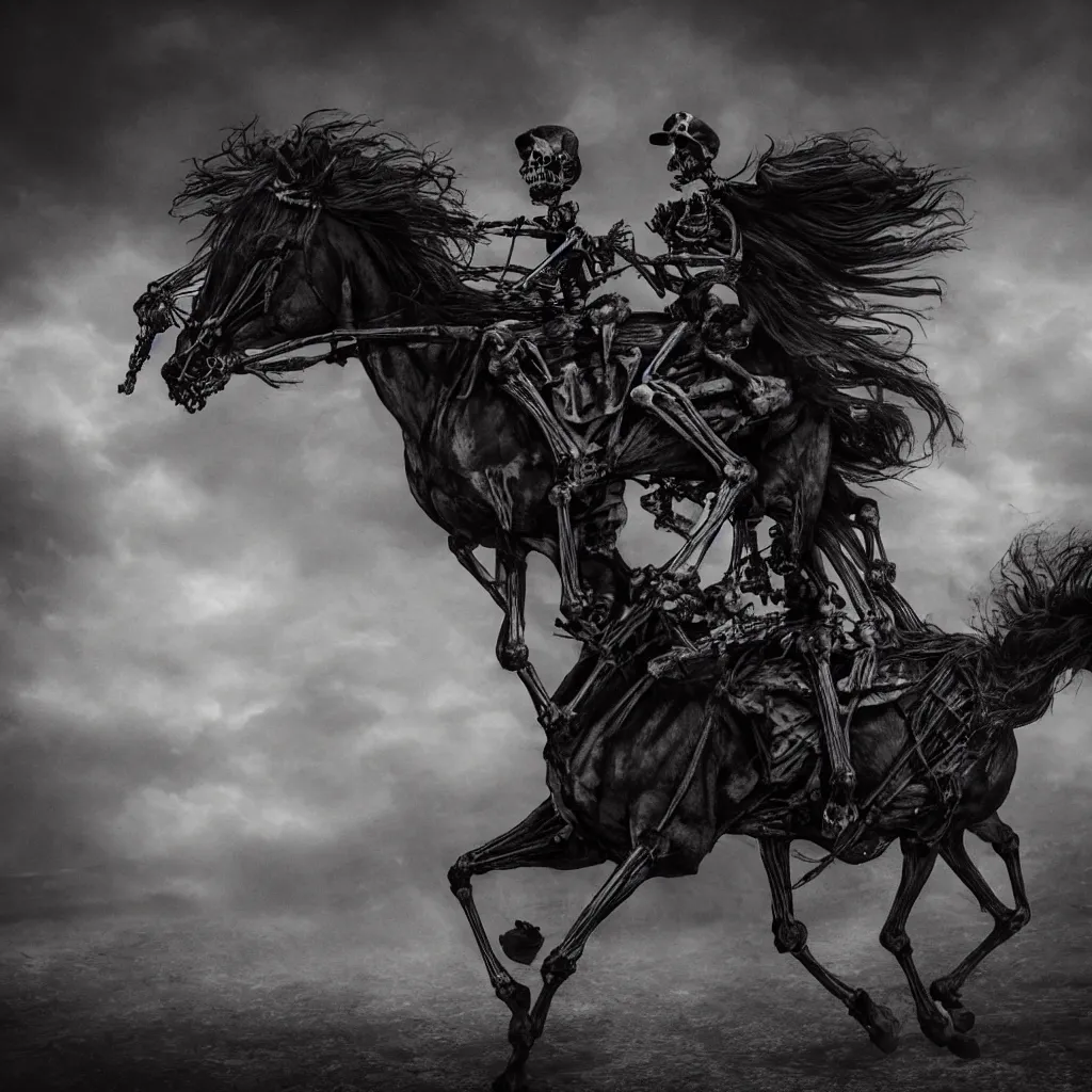 Image similar to a skeleton in a dark veil on a horse, dark and mysterious, stopped in time, atmospheric, ominous, eerie, cinematic, epic, 8 k, 4 k, ultra detail, ultra realistic