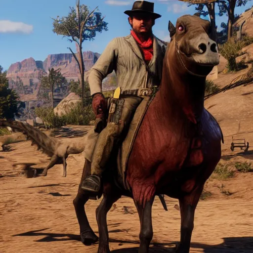 Prompt: barney dinosaur in red dead redemption 2