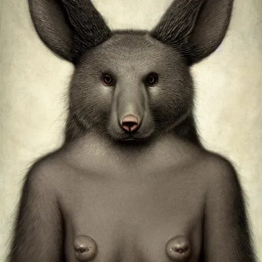 Image similar to histological bear rabbit hybrid character portrait by jean delville, tom bagshaw, brooke shaden, gustave dore and marco mazzoni, studio ghibli style, porcelain, organic, detailed fur, intricate details