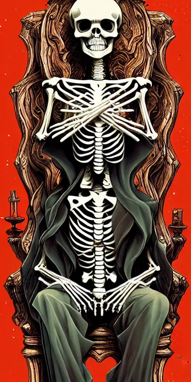 Image similar to a painting of a skeleton sitting on a throne, poster art by Petros Afshar, James Jean, Joe Fenton, Lise Deharme, Anne Stokes, Brian Despain behance contest winner, gothic art, tarot card, apocalypse art, behance hd, macabre poster art, gothic art