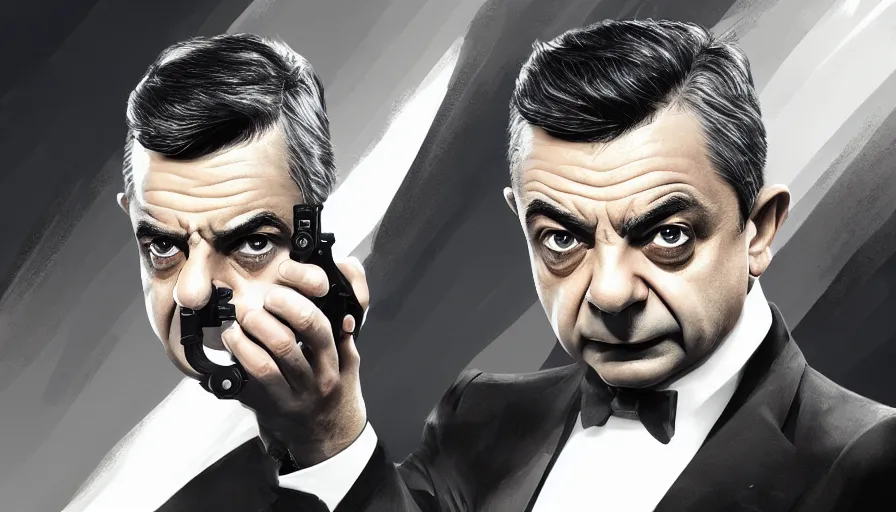 Image similar to Rowan Atkinson is James Bond, hyperdetailed, artstation, cgsociety, 8k