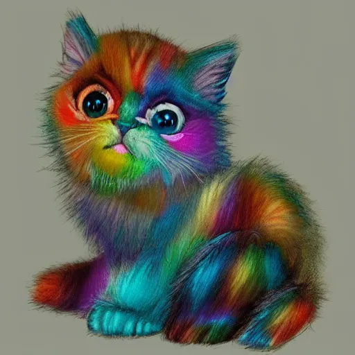 Image similar to wide angle full body, of a fluffy cute rainbow kitten wearing a black leather motorcycle jacket, concept art