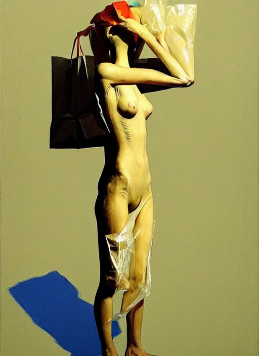 Image similar to woman in a translucent clothing made from plastic bag with paper bags for clothes standing inside paper bags with paper bag over the head at store display Edward Hopper and James Gilleard, Zdzislaw Beksinski, highly detailed