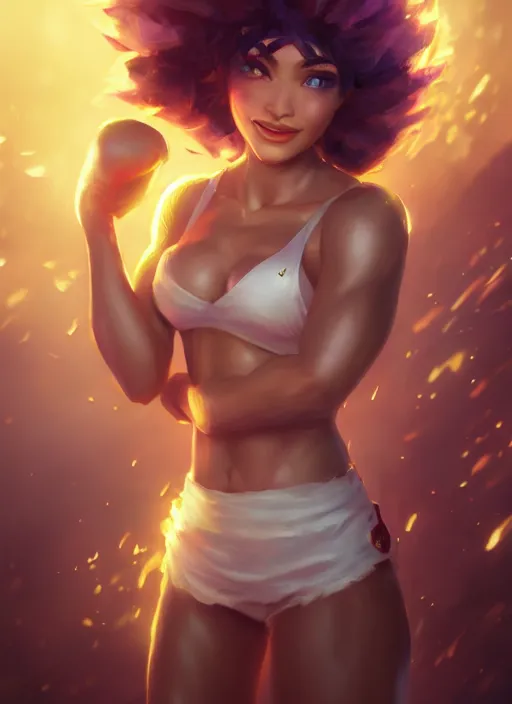 Image similar to taliyah, from league of legends, al natural, exhibant, boxing, in shape, hyper detailed, digital art, trending in artstation, cinematic lighting, studio quality, smooth render, unreal engine 5 rendered, octane rendered, art style by klimt and nixeu and ian sprigger and wlop and krenz cushart