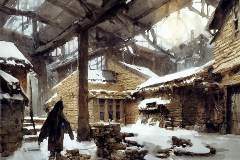 Prompt: abstract watercolor painting of hedonic scandinavian king house interior, in stone, straw roof, war lord, magical and traditional, winter, cinematic light, national romanticism by anders zorn, by greg rutkowski, by greg manchess
