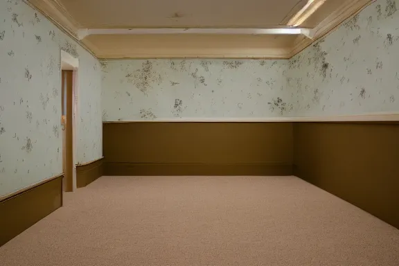 Image similar to an endless space of empty intertwining rooms with old yellowed wallpaper from the 1970s and beige carpet lit by tungsten lights