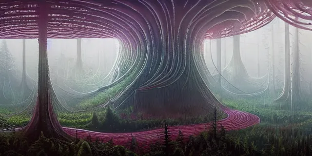 Prompt: painting of redwood forest infused with alien nature labyrinth consuming futuristic mega city from blade in the style of nebulapunk by dan seagrave and tomasz alen kopera with futuristic castle by simon stahlenhag