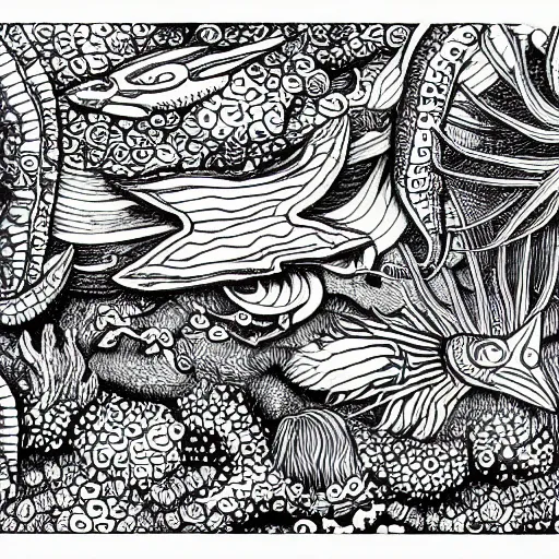 Image similar to a grayscale adult coloring page of sea life under the ocean