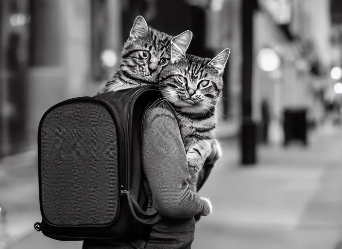 Image similar to photography of a Cat being carried in an half open backpack . in a new york street. award winning photo, led lighting, night, 130mm, sharp, high res