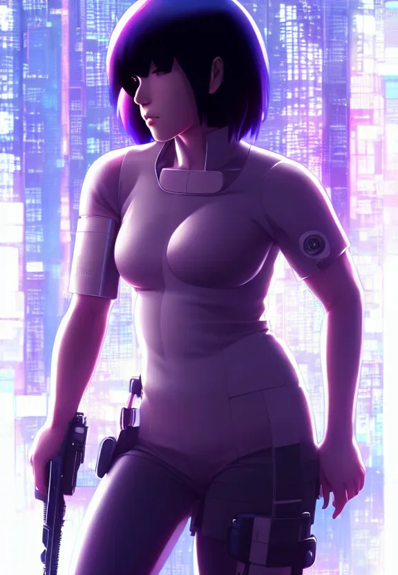 Image similar to a fullbody portrait of motoko kusanagi the major ghost in the shell : : connected to cables, under repairs, maintenance area, technicians : : by ilya kuvshinov, rossdraws, artgerm, sola digital arts, anti aliasing, raytracing : :