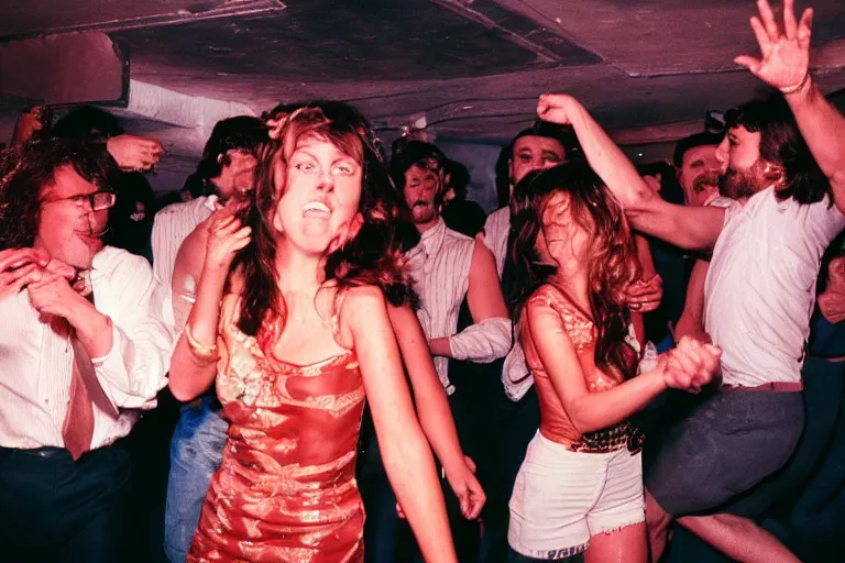 Prompt: people dancing in a club in the 70's, they're sweating, theynre hot, colored photography, flash photography, close up, 50mm lens