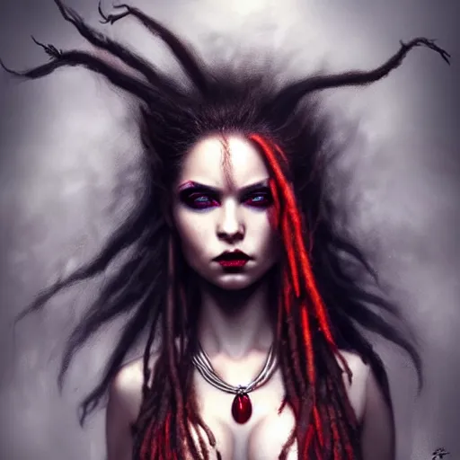 Image similar to photography flawless beautiful psychopathic female with blonde and red dreadlocks in a black ballgown, dark, piercing eyes, exotic expression, esoteric clothing, photorealistic, highly detailed, mysterious lighting, artstation, smooth, sharp focus, art by artgerm, greg rutkowski and luis royo