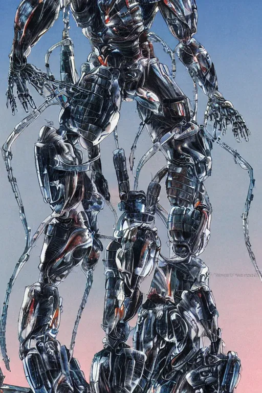 Image similar to god arc soldiers in crynet nanosuit with biological muscle augmentation, at dusk, a color illustration by tsutomu nihei, tetsuo hara and katsuhiro otomo