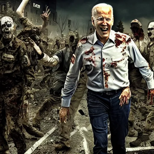 Prompt: joe biden as a zombie in a communist post apocalyptic war zone full of zombie soldiers, hyper realistic, 4k, octane rendering