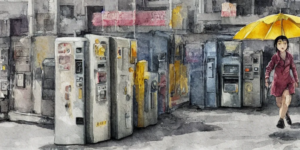 Image similar to deserted dusty junk town, a girl with a parka and a yellow parasol is running, broken vending machines, scene from the movie Ghost in the shell, watercolor, ultrawide