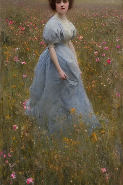 Image similar to Richard Schmid and Jeremy Lipking full length portrait painting of a young beautiful edwardian girl walking through a field of flowers