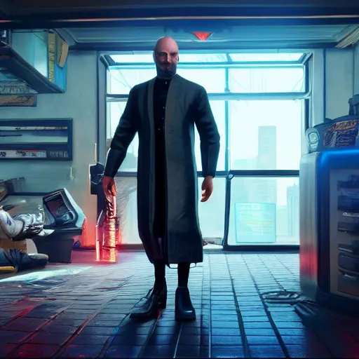 Image similar to cybernetic Amish man. Cyberpunk 2077. CP2077. 3840 x 2160