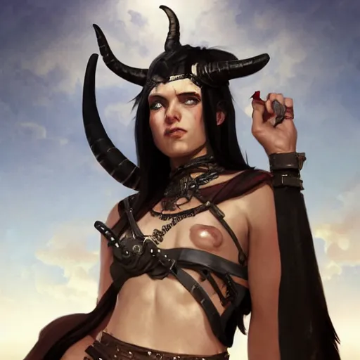Prompt: portrait of a strong fierce female berber tiefling barbarian with devil horns and black hair wearing a steel chestplate in a desert, fantasy, highly detailed, digital painting, artstation, concept art, character art, art by greg rutkowski, tyler jacobson, alphonse mucha, ross tran and makoto shinkai