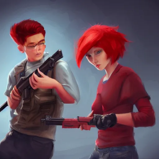 Image similar to a concept art of a boy and a girl with red hair holding a gun, highly detailed, digital painting, artstation, concept art, smooth, sharp focus, illustration