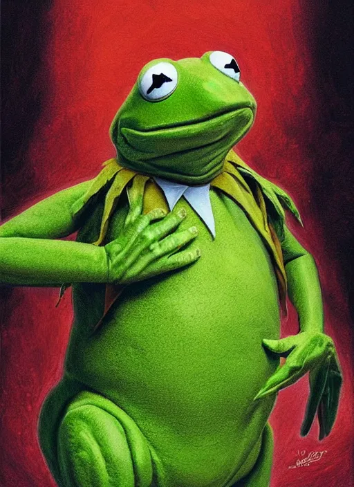Prompt: portrait of Kermit the frog in The Blob (1988), highly detailed, centered, solid color background, digital painting, artstation, concept art, smooth, sharp focus, illustration, artgerm, donato giancola, Joseph Christian Leyendecker, Les Edwards, Ed Repka, WLOP, Artgerm