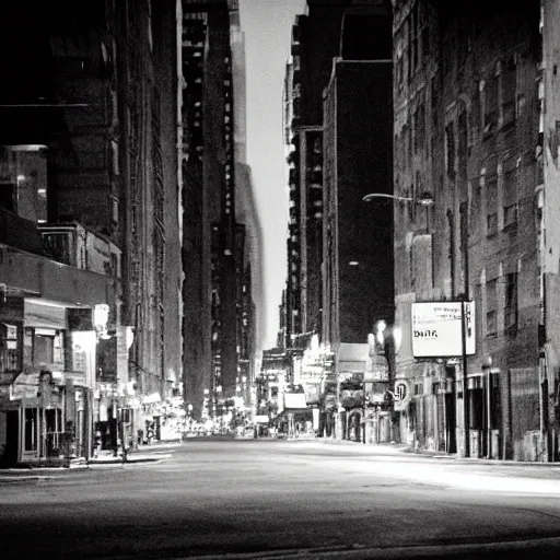 Image similar to photo of abandoned New York city street at night after the war between humans and AIs, film grain, soft vignette, Canon EOS Digital Rebel XTi, 100-300mm Canon f/5.6, Exposure time: 1/160, ISO 400