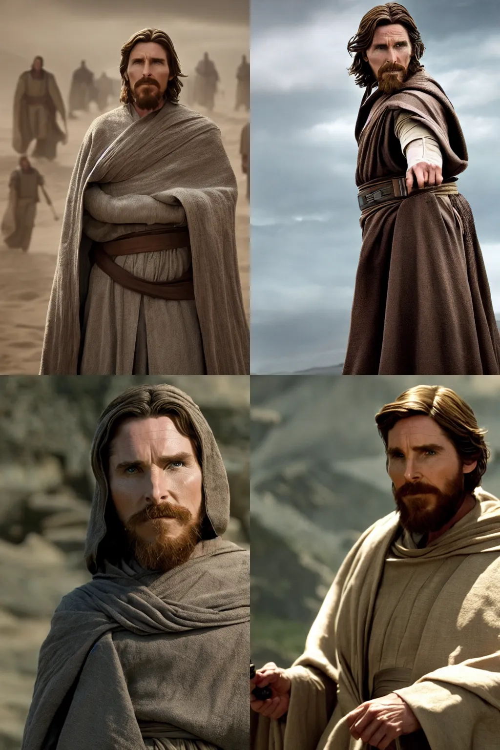 Prompt: movie still of Christian Bale as Obi Wan Kenobi, Star Wars, 4k, high quality