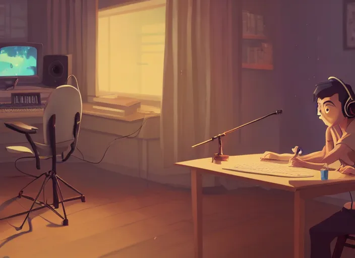 Image similar to man with headphones at his home studio producing music late at night, very detailed, 4 k, cory loftis, james gilleard, atey ghailan, makoto shinkai, goro fujita, studio ghibli, rim light, exquisite lighting, clear focus, very coherent