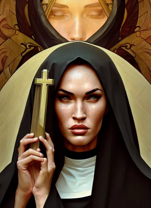 Prompt: portrait of megan fox as a nun, catholic, church, bible, christian, intrigante, headshot, highly detailed, digital painting, artstation, concept art, sharp focus, cinematic lighting, illustration, art by artgerm and greg rutkowski, alphonse mucha, cgsociety