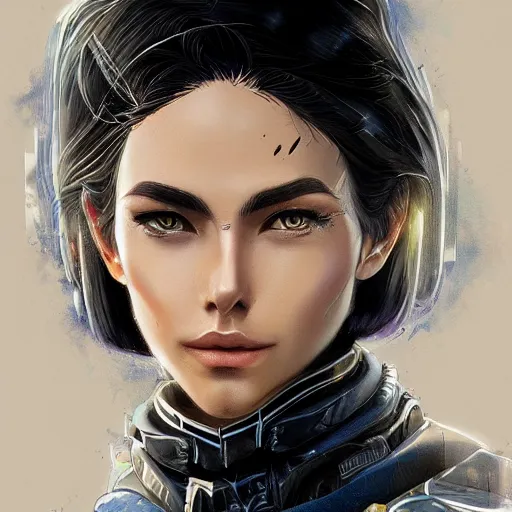 Image similar to portrait of a beautiful dark - haired androgynous space ranger, soft lightning, high detailed, detailed face, detailed eyes, intricate, elegant, smooth, sharp focus, high contrast, dramatic lighting, artstation, art by valentina remenar,