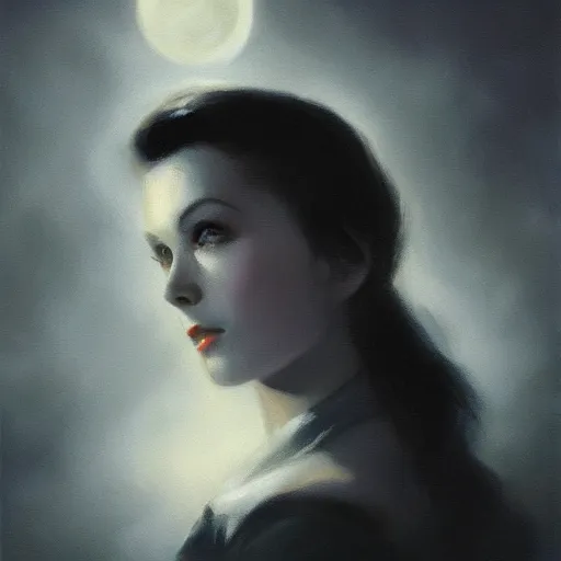 Image similar to closeup portrait of a young vivian leigh, dramatic lighting, city background, night, moon, chiaroscuro, high detail, painted by greg rutkowski, painted by igor kieryluk, painted by bobby chiu, trending on artstation