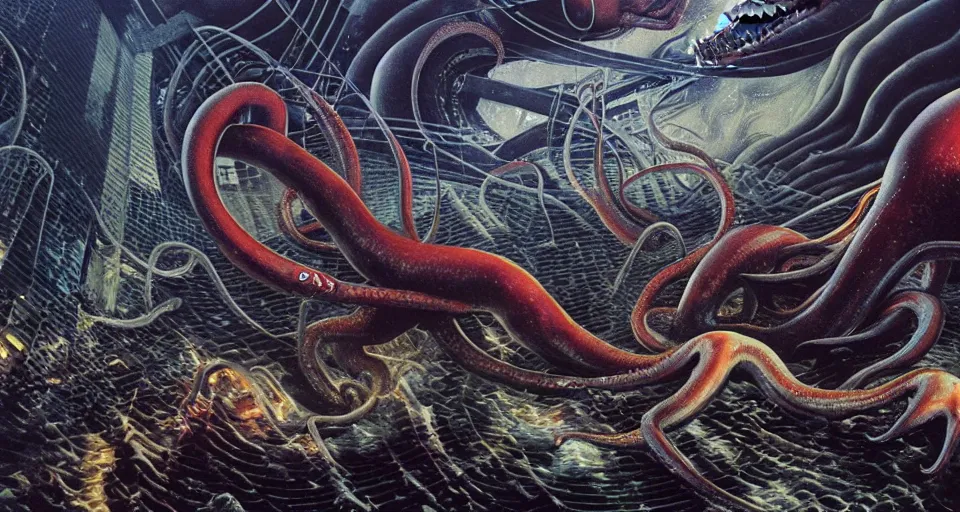 Prompt: ultra detailed render of giant squid attacks city, low angle, tentacles, fire, smoke, debris, crumbling, octane render, 8 k, dramatic lighting, by nychos, by umberto boccioni, by dan hillier, by h. r. giger