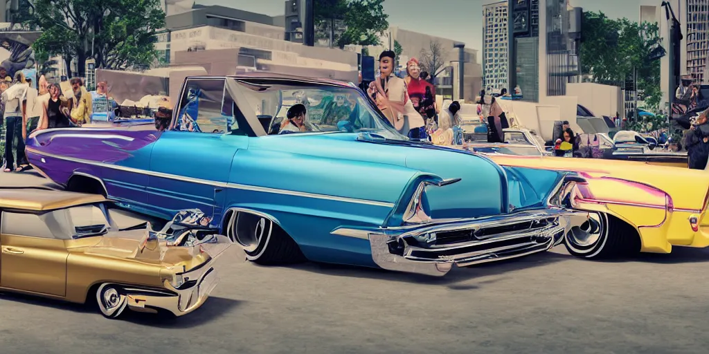 Image similar to highly detailed photo of an award winning lowrider, cruising at a car show, car bounce, air suspension, fan girls, 8 k, octane render, unreal engine, ue 5, photoshop, maya, ray tracing