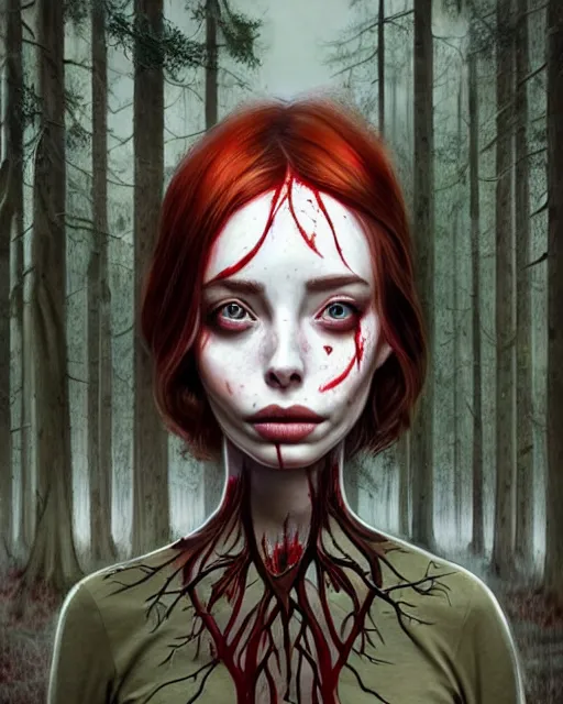 Image similar to surrounded by trees, full body realistic character concept, gorgeous Kacey Rohl, red hair, small freckles, Wendigo creature antlers deer skull face, symmetrical face, symmetrical eyes, covered in blood, dark forest, trees, shorter neck, cinematic lighting, Joshua Middleton and artgerm, fear anxiety terror