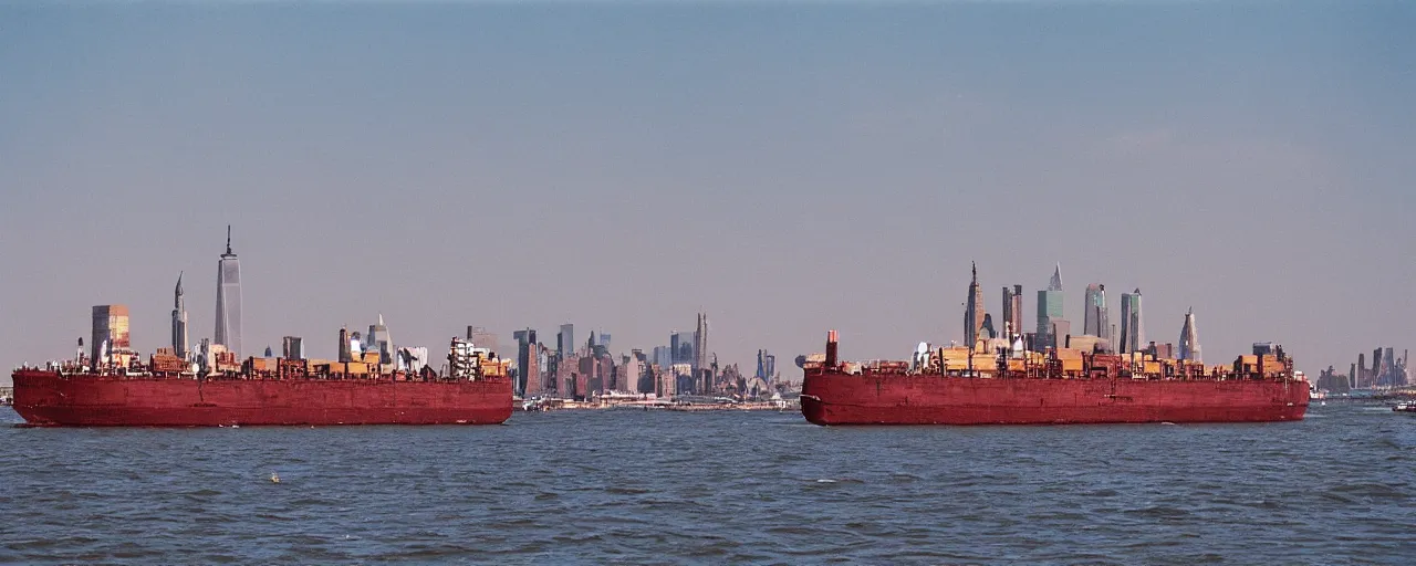 Prompt: a ship transporting spaghetti in new york's hudson river, the statute of liberty in the background, canon 8 0 mm, photography, film, kodachrome