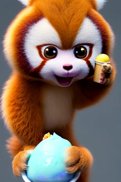 Prompt: high quality 3 d render hyperrealist very cute pastel fluffy! red panda & tarsier hybrid eating giant ice cream, vray smooth, in the style of detective pikachu, charlie immer, very dramatic light, low angle, uhd 8 k, shallow depth or field