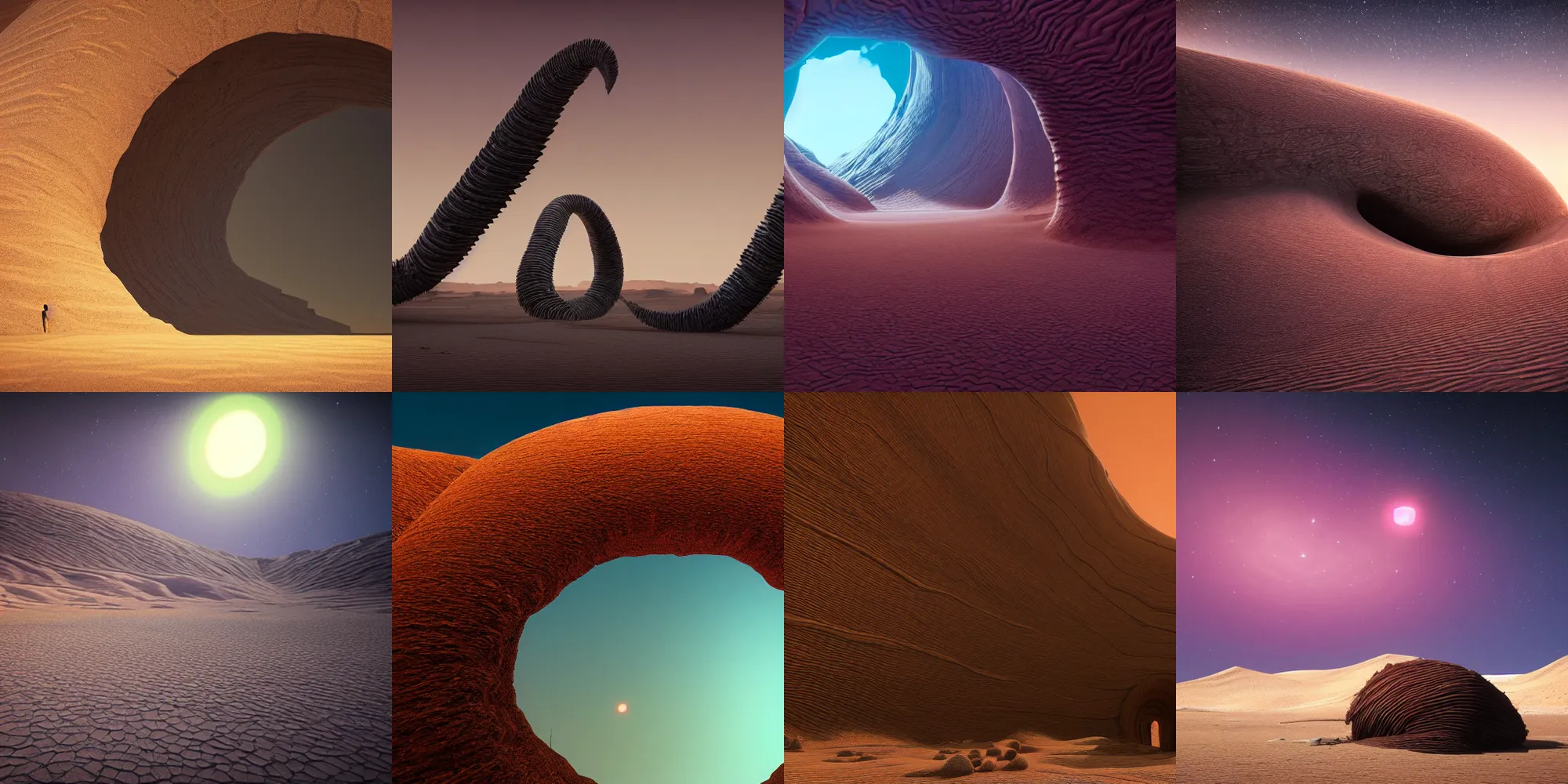 Prompt: beautiful dark desert landscape, highly detailed old door to another universe, giant sandworm, in the style of beeple and Mike Winkelmann, photo real, ultra realistic, intricate, epic lighting, 8k resolution, unreal engine 5,