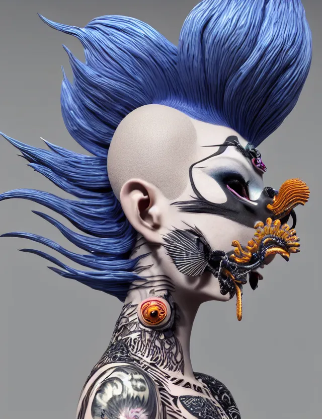 Image similar to 3 d goddess close - up profile portrait punk with mohawk with ram skull. beautiful intricately detailed japanese crow kitsune mask and clasical japanese kimono. betta fish, jellyfish phoenix, bio luminescent, plasma, ice, water, wind, creature, artwork by tooth wu and wlop and beeple and greg rutkowski