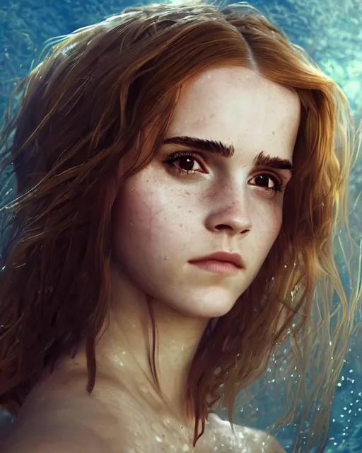 Image similar to underwater pirate portrait of emma watson, au naturel, hyper detailed, digital art, trending in artstation, cinematic lighting, studio quality, smooth render, unreal engine 5 rendered, octane rendered, art style by klimt and nixeu and ian sprigger and wlop and krenz cushart.