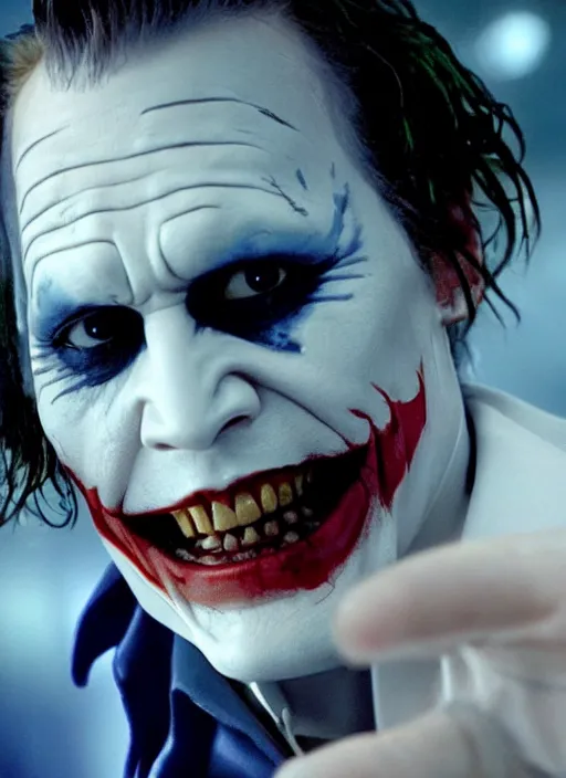 Prompt: film still of Johnny Depp as The Joker in The Dark Knight, 4k