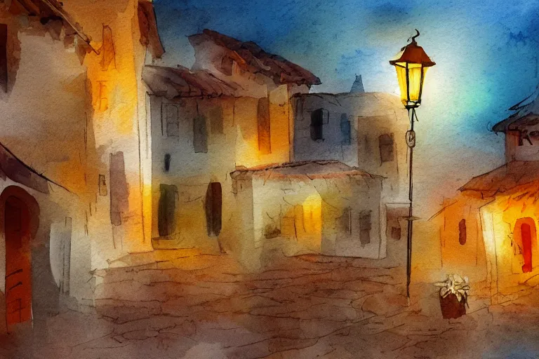 Prompt: paint brush strokes, abstract watercolor painting of rustic mediterranean village at nightfall, lantern, ambient lighting, wonderful masterpiece, cinematic light, american romanticism